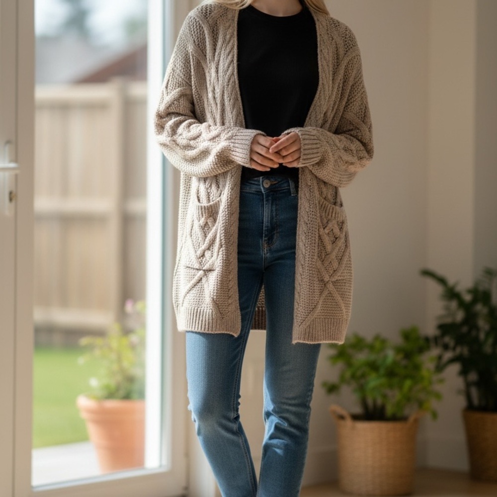 LOFT Beige Cable Knit Cardigan